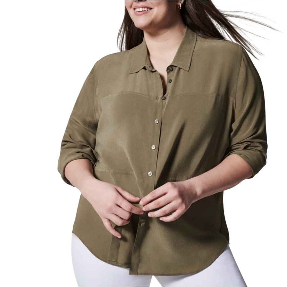 SPANX Low Maintenance Silk Button Down Shirt Sage Green XS 100% Washable NWT